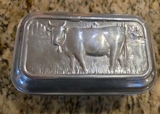 Embossed Cow Covered  Butter Dish PEWTER 6" Farmhouse Rustic Ranch