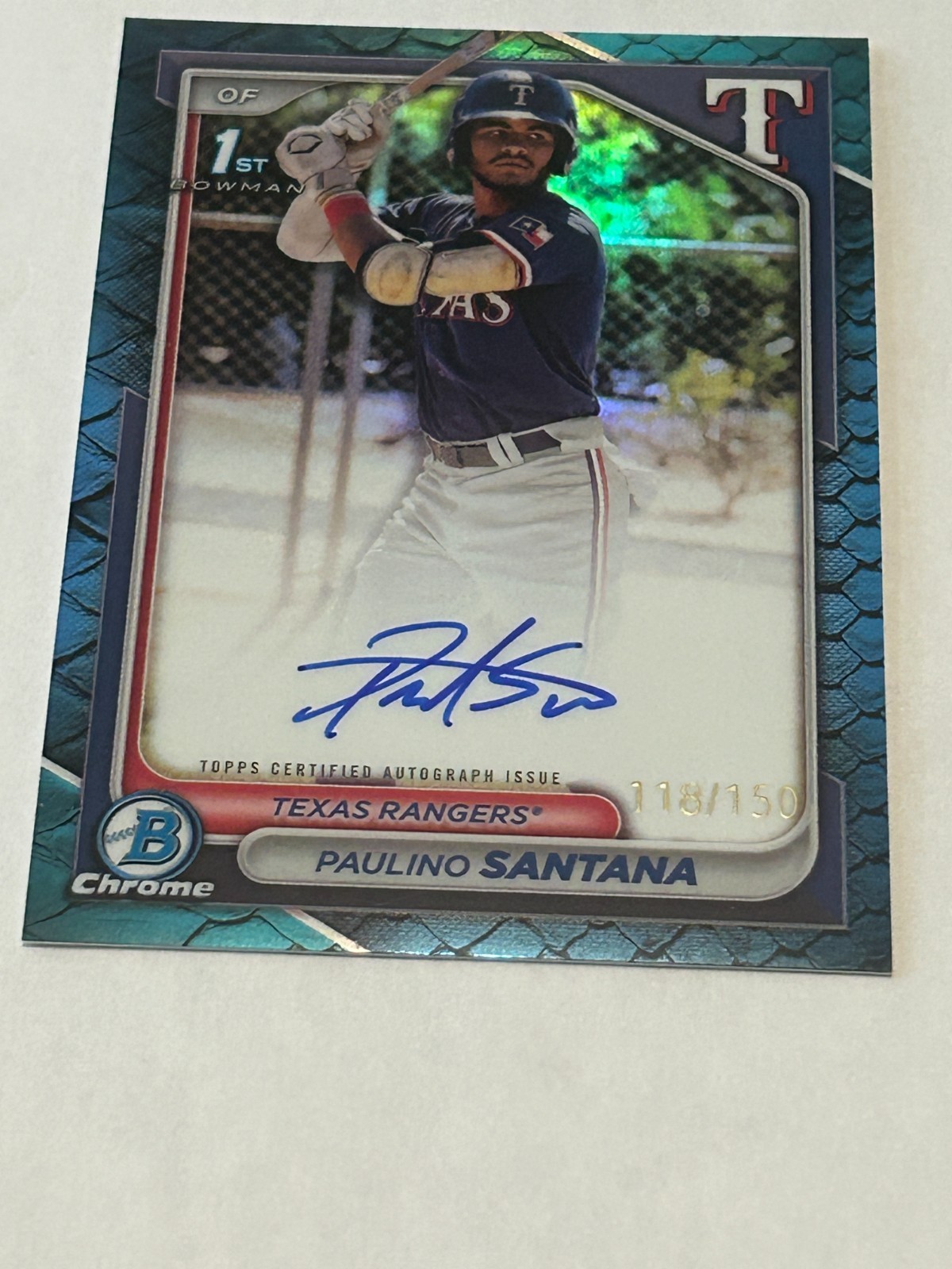 2024 1ST BOWMAN CHROME AUTO PAULINO SANTANA RANGERS BLUE REPTILIAN 112/150 view 1