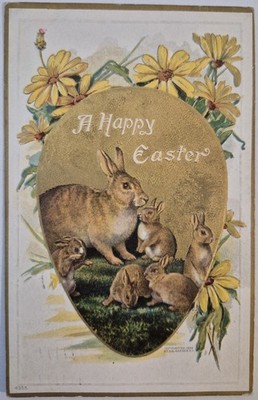 Vintage Postcard Easter Embossed Gold Gilt Egg Rabbits  AA136