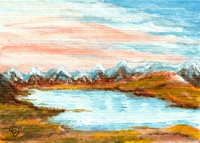 ACEO Original Snow Mountain Lake Landscape Acrylic Painting signed by CS Jackson
