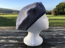 Blue Grey With Blue Edging Handmade Crochet Beret 100% Wool, One Size