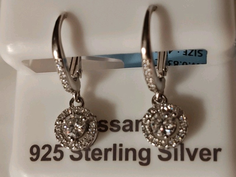 925 Sterling Silver Round Moissanite Halo Drop Earrings 0.8cttw GRA