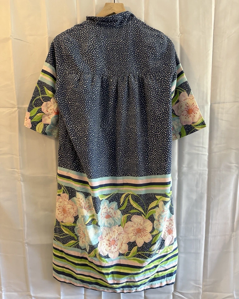 Vintage House Coat Dress L/XL Cotton Navy Polka Dot Floral Full Zip Grandma Robe - Image 4 of 4