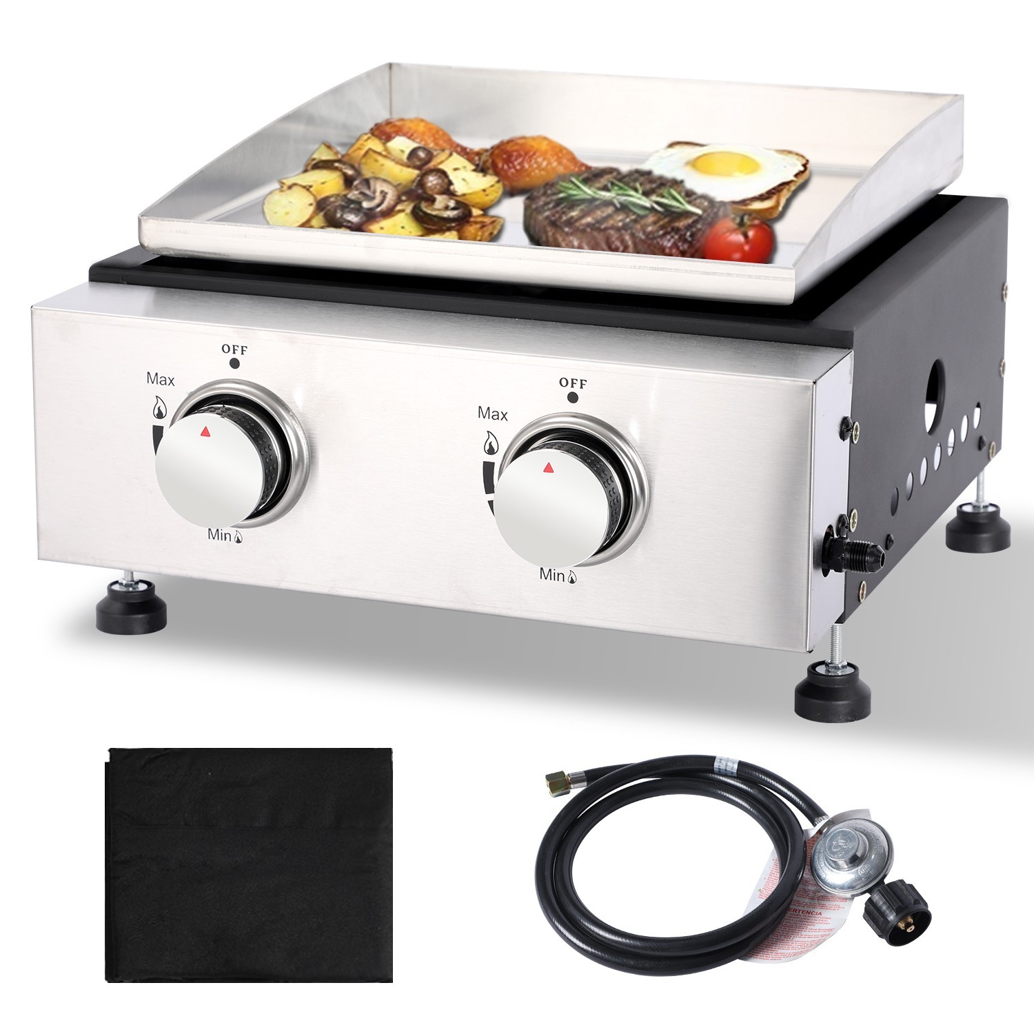 14 Inch Tabletop Gas Grill, 2 Burner Portable Flat Top Griddle with Legs, Cover