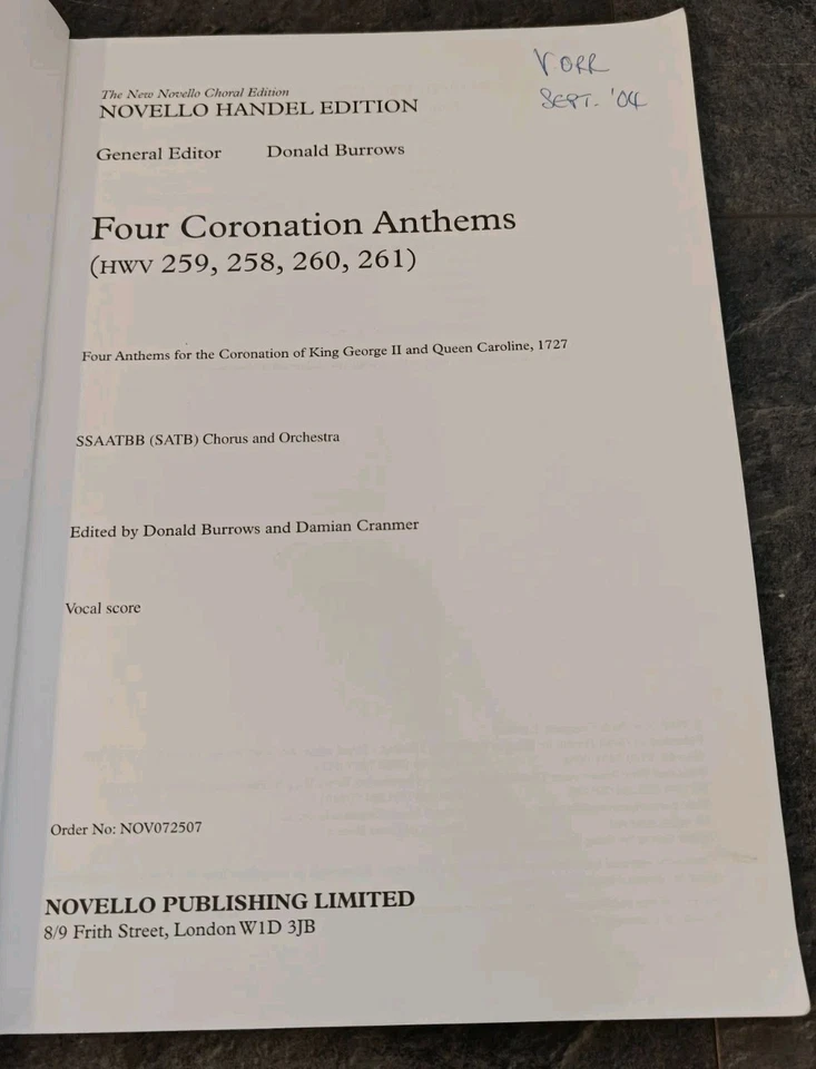 Handel Four Coronation Anthems The New Novello Choral Edition Vocal Score 2002 - Image 2 of 4