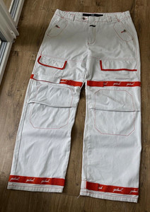 Marithé + François Girbaud Men’s White Red Stitch Cargo Denim Pants Straight Leg