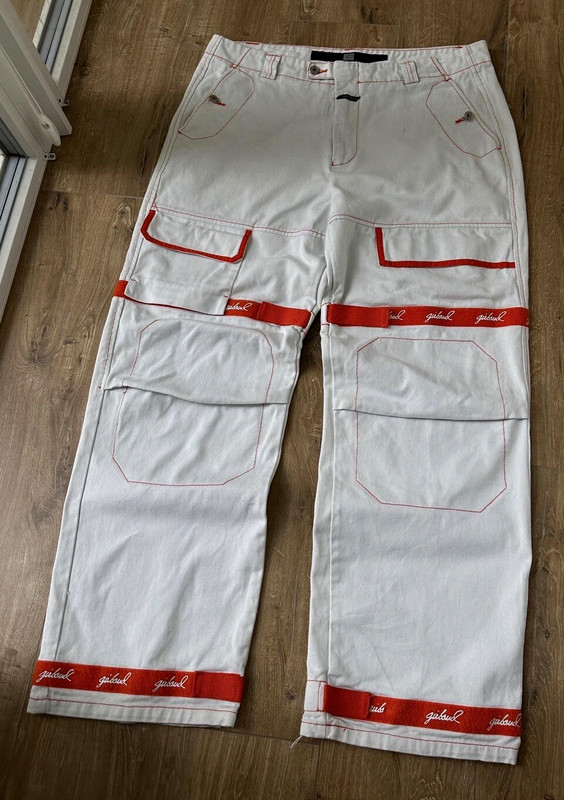 Marithé + François Girbaud Men’s White Red Stitch Cargo Denim Pants Straight Leg