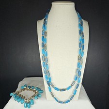 Vtg. Faux Turquoise 50" NECKLACE  7" BRACELET SET Acrylic Beads Gold Tone Metal