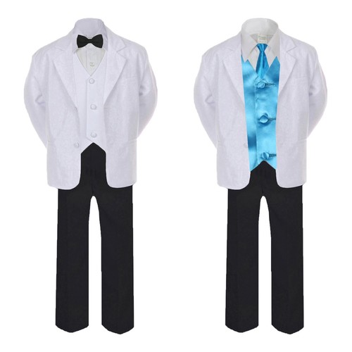 7pc Kid Teen Boy Formal Black Pants White Suits Tuxedo Satin Necktie Vest 4T-20 - Picture 23 of 25