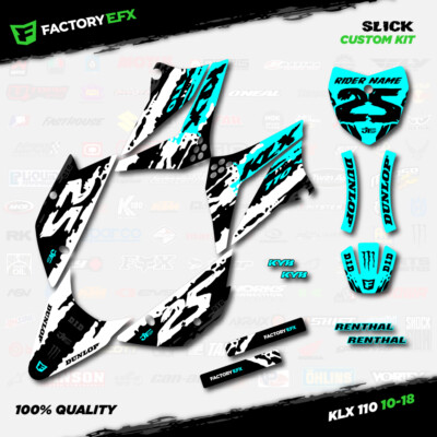 White & Cyan Slick Racing Graphics Kit fits Kawasaki 10-25 Klx110 KLX 110 Decal