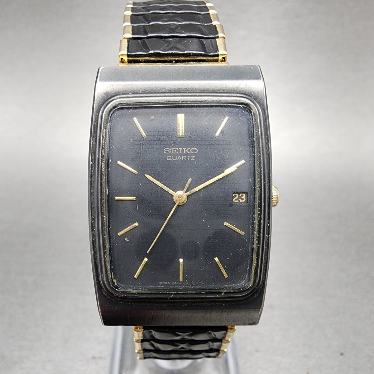 Seiko Tank Watch Men 25mm Black Dial Black Tone Date Rectangle