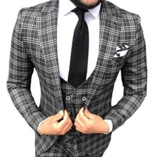 Designer Glencheck Mens Suit Black White Check Sport Coat Waistcoat Fitted Slim
