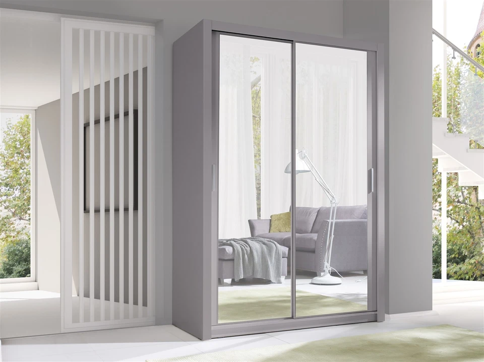 Armoire avec Portes Coulissantes Armoire Palerme Gris Mat + Miroir 150x215 CM - Photo 1/1