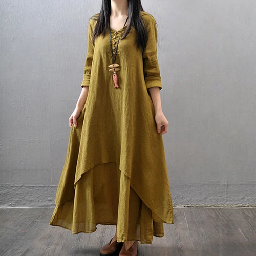 Womens Boho Cotton Linen Dress Long Sleeve Dress Sundress Maxi Dress Casual New - Picture 12 of 23