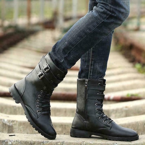 Para Hombre Caballero en punta Hebillas Moto Militar Botas Zapatos Con  Cordones Media Caña | eBay