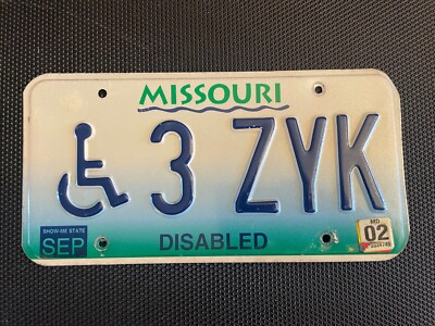 MISSOURI LICENSE PLATE HANDICAPPED DISABLED WHEELCHAIR 3 ZYK SEPTEMBER 2002