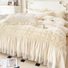 Bedding Set 4pcs 3D Floral Embroidery Princess Style Duvet Cover Flat Sheet Set