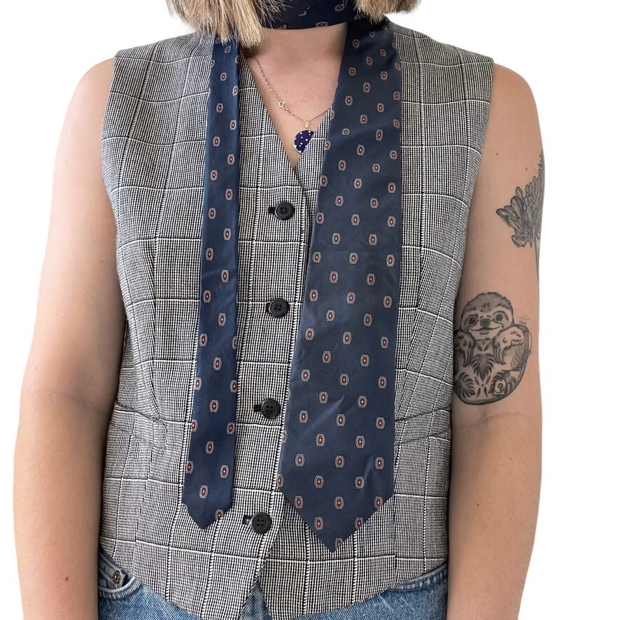 Foulard cravate géométrique vintage années 1980 soie marine bleu marine foulard preppy