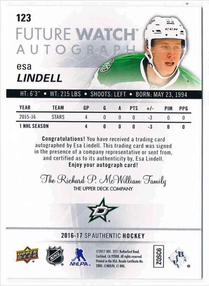2016-17 SP AUTHENTIC ESA LINDELL ROOKIE AUTO 613/999 CS DALLAS STARS #123 - Image 2 of 2