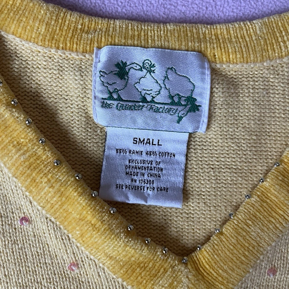 Quacker Factory sz Small Pullover V Neck Sweater Yellow Butterfly Sequins Beads - Image 2 of 4