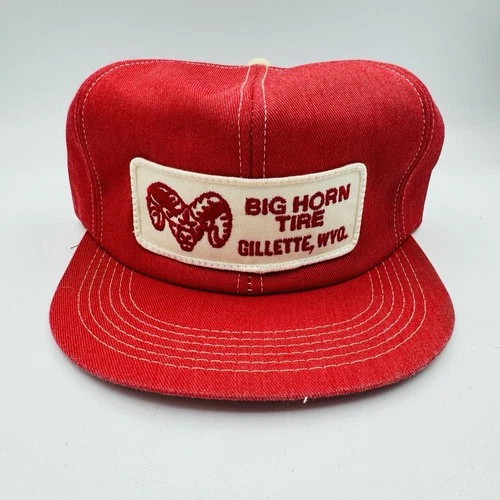 Vtg SnapBack Trucker Hat Cap Patch Front K-Brand Big  Horn Tire Gillette Wy Red
