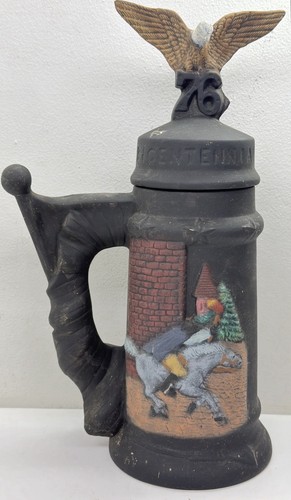 Vintage 1976 US Bicentennial Ceramic Beer Stein Mug Bald Eagle Lid Horseman 15”
