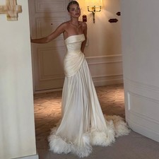 Luxury Off Shoulder Wedding Dress with Strapless Aline Satin Pleated Bridal Gown