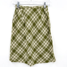 Vintage 60s Women's Size 6 Green/Ivory Plaid High-Waisted Above-Knee Wool Skirt