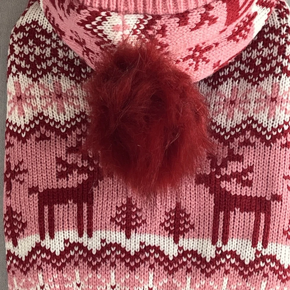 Cynthia Rowley Dog Pom Hooded Holiday Sweater Pink White Red Reindeer Size XS - Image 3 of 4