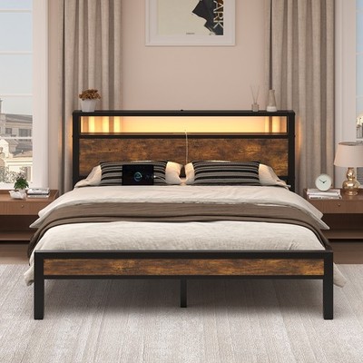 Queen LED Light Bed Frame with 2-Tier Storage Headboard and Charging Station