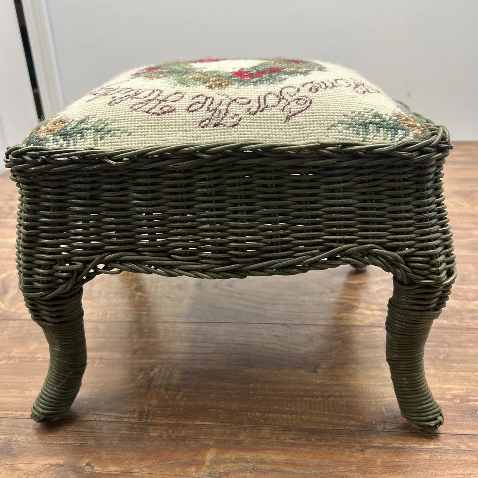 Vtg Christmas Needlepoint Footstool Green Wicker Home For The Holidays Cottage - Image 4 of 4