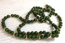 Vintage 14K Gold  Green Jade Jadeite Bead Necklace 30" Estate Find 