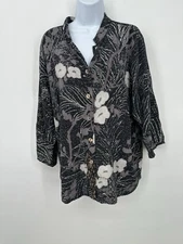 Citron Santa Monica Blouse Top Womens 1X Silk Blend Floral Sheer Peasant V-Neck 