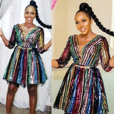African Dashiki Women Sequins V-Neck Short Dress Evening Party Gown Clubwear