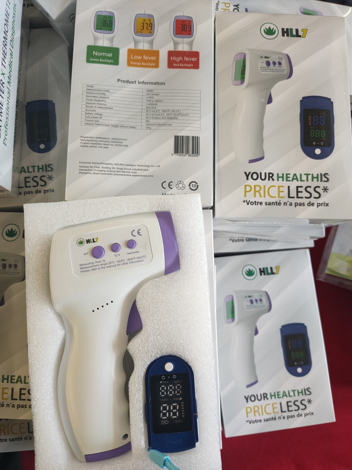 Kit Thermomètre Infrarouge et Oxymètre de Pouls Lot de 50 Pièces Médicales pour Cliniques
