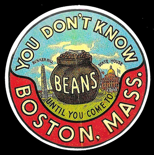 1950s VINTAGE CAR WINDOW TRAVEL STICKER BOSTON MASS YOU DON'T BEANS BUNKER HILL