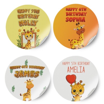 Personalisierte Aufkleber Giraffe Design beliebiger Name Geburtstag Party Deko Etikett 55