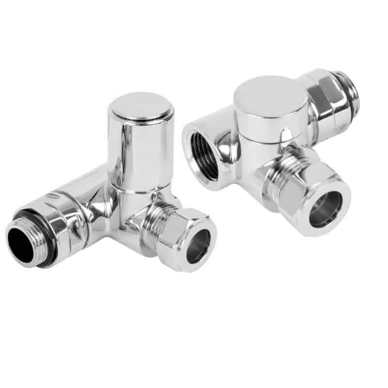 Angled Chrome Dual Fuel Heated Towel Rail / Radiator Valves, 1/2” BSP 15mm Pipes