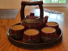 Pier 1 Shanghai Set Tea Pot 4 Cups Tray Deep Red Brown Rustic Earthenware