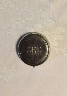 Silver Plate Pill Box Round Shape Engraved Monogram On Top