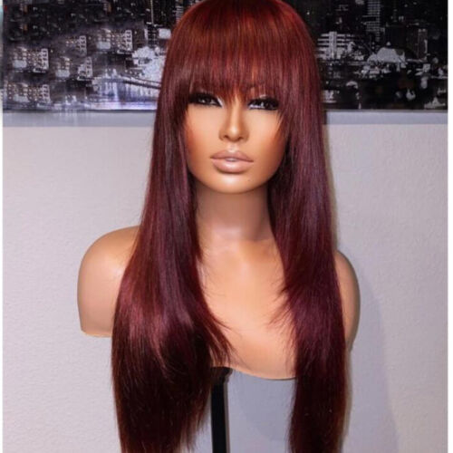200 Density 99J Human Hair Wigs With Bang Burgundy Machine Made Scalp Top Wig - Picture 1 of 12