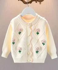 NEW Boutique Girls Floral Pink White Flower Cardigan Sweater