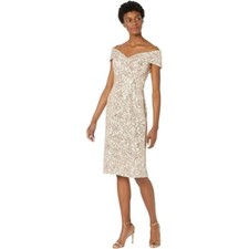 XSCAPE Short Sequin Lace Off The Shoulder Dress Sand Size 16 NWT