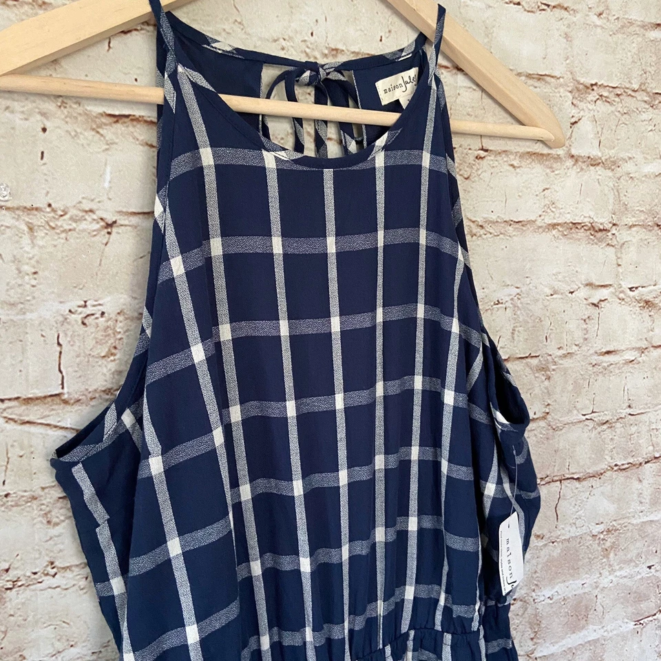 Maison Jules Womens Plaid Sleeveless Cropped Jumpsuit Size L Navy Blue NWT - Image 4 of 4