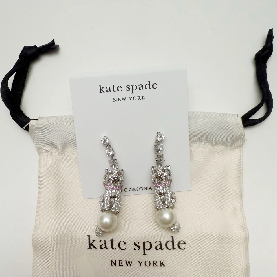Brincos lineares Kate Spade Pawlina gato com laço rosa strass pérola falsa NOVO - Imagem 4 de 4