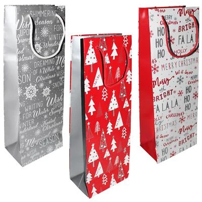 DESIGN GROUP 3x Christmas Bottle Gift Bag with Tag 35.5x12.5x8.5cm Red White and silver mix