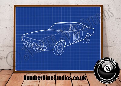 General Lee/Dukes of Hazard BLAUPAUSE Illustration, hochwertig, signiert. Limitiert