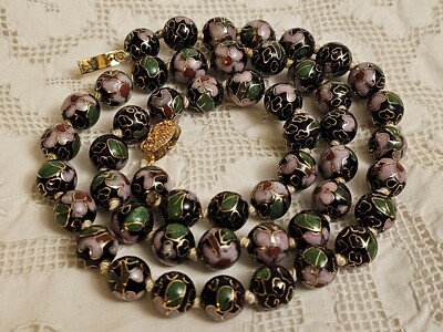 Vintage Chinese Export Cloisonne Black Floral Enamel Knotted