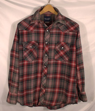 Wrangler Pearl Snap Plaid Men's Shirt Long Sleeve size Med Vintage Western Red