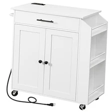  Kitchen Island with Power Outlet, Kitchen Storage Island with Spice Rack White